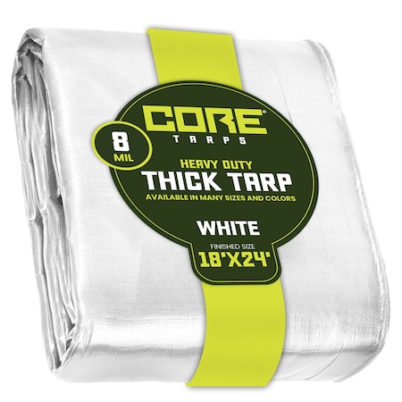 Core Tarps Heavy Duty Tarp, 24 ft L x 0.5 mm H x 18 ft W, 8 Mil, White, Polyethylene CT-404-18X24